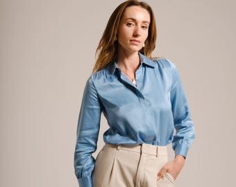 Maulbeerseidenbluse: Langarmhemd mit Kragen, professioneller Stil