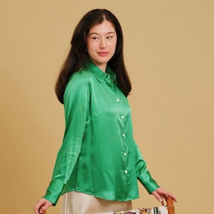 Office Lady Pure Silk Blouse/ Professional Silk Blouse /Long Sleeve Collared Silk Blouse / Green / Pink