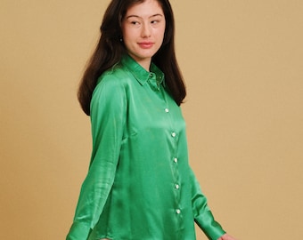 Office Lady Pure Silk Blouse/ Professional Silk Blouse /Long Sleeve Collared Silk Blouse / Green / Pink