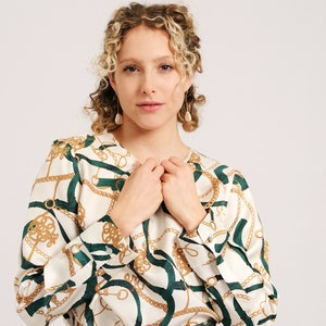 Pure Silk Blouse Round Neck /18 Momme Twill Silk / Office Lady Silk Blouse / Silk Printed Long Sleeve Blouse