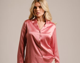 22 Momme Charmeuse Seidenbluse, Langarm mit V-Ausschnitt