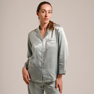 Premium Pure Natural Mulberry Silk Full Length Pyjama Set With Rhinestones / Perfect Gift / Ash Grey / Light Pink