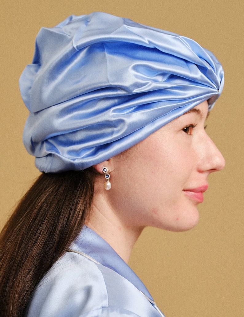 Pure Mulberry Silk Turban Double Layer 22 Momme / Sleeping Cap / Plum / Raspberry / Blue / Orange/ Rose Gold image 3