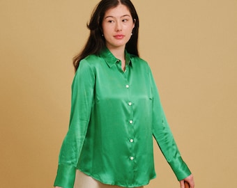 100% Charmeuse Seidenbluse, Langarmhemd mit Kragen