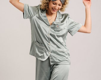 Premium Pure Mulberry Silk Pyjama Set Short / Aqua / Light Lavendar
