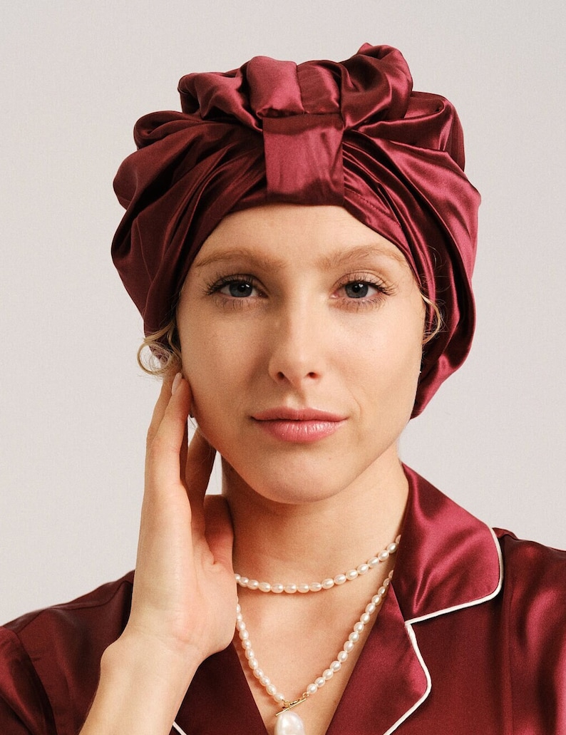 Pure Mulberry Silk Turban Double Layer 22 Momme / Sleeping Cap / Plum / Raspberry / Blue / Orange/ Rose Gold image 2