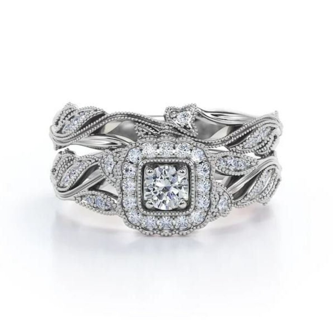 1/2 Carat Total Weight Round Diamond Halo Engagement Ring - 14K White Gold Solitaire Setting
