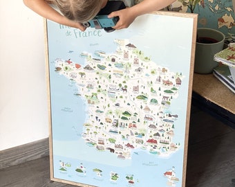 Carte France affiche pédagogique enfant illustrée merveilles
