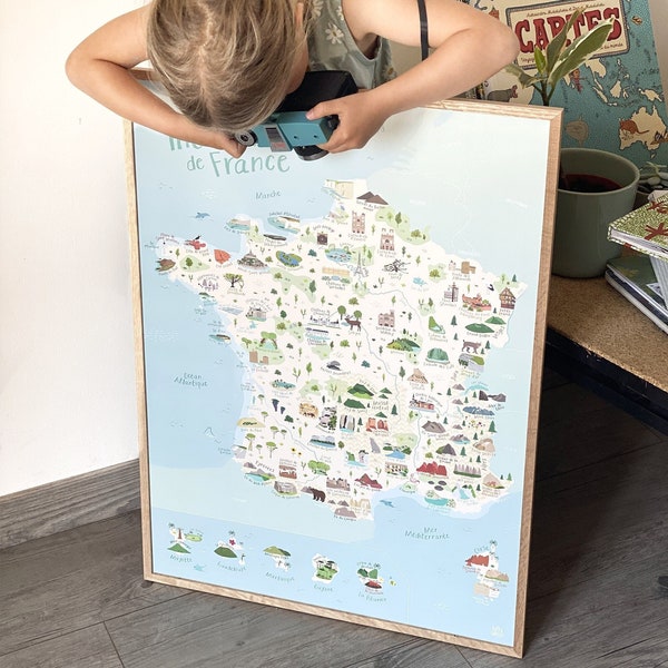 Carte France affiche pédagogique enfant illustrée merveilles