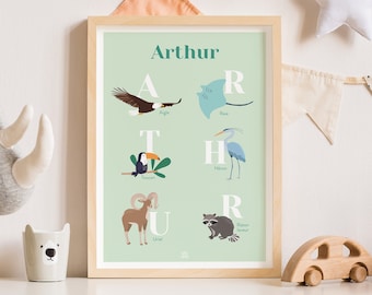 Affiche naissance personnalisée, affiche prénom bébé, cadeau naissance, affiche prénom et animaux