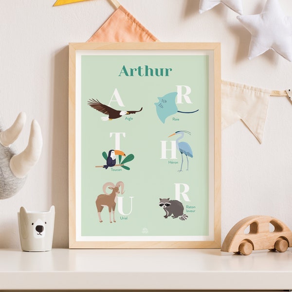 Affiche naissance personnalisée, affiche prénom bébé, cadeau naissance, affiche prénom et animaux
