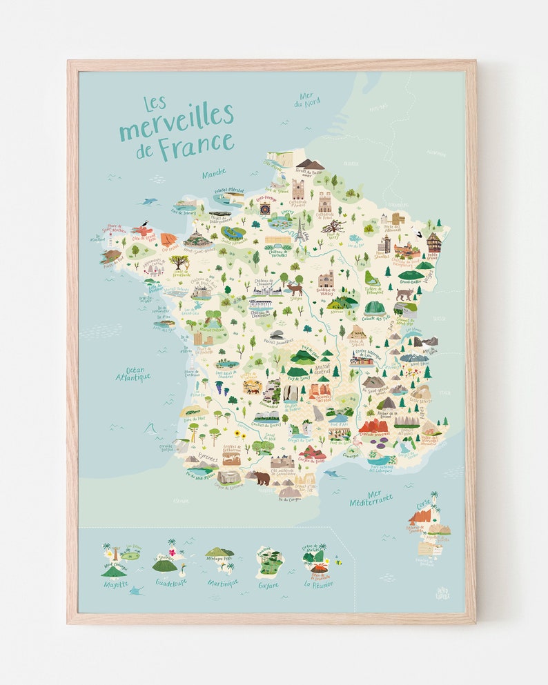 Carte France affiche pédagogique enfant illustrée merveilles image 2