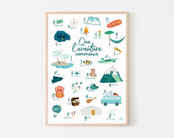 Affiche abécédaire aventure, affiche alphabet enfant, cadeau enfant aventurier