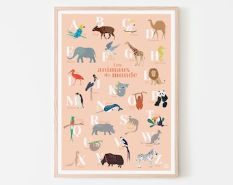 Affiche abécédaire des animaux du monde, affiche alphabet enfant, cadeau enfant