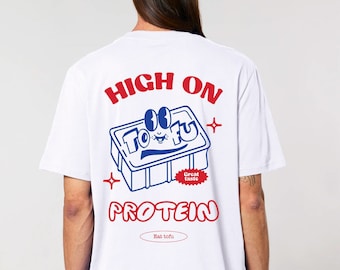 High on protein vegan tshirt, Funny tofu retro mascot illustration shirt, Plant based vintage graphic tee, Cool urban oversized clothing
