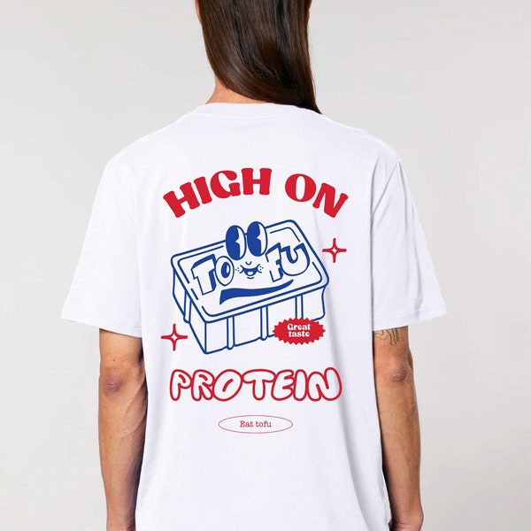 High on protein vegan tshirt, Funny tofu retro mascot illustration shirt, Plant based vintage graphic tee, Cool urban oversized clothing