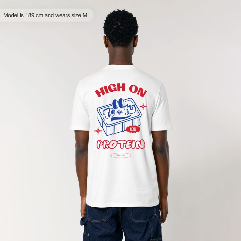 May include: White t-shirt with a blue and red graphic of a tofu block with the text "HIGH ON TOFU Great Taste PROTEIN Rat tofu" printed on the back.