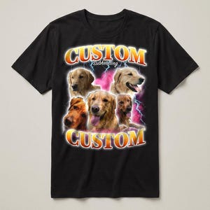 May include: A black short-sleeved t-shirt featuring a graphic print of five golden retriever dogs. The design includes the word CUSTOM in bold orange and yellow letters at the top and bottom, with the word Subheading in white text in the centre.