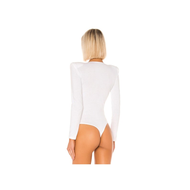 Long Sleeve Bodysuit in White, Black, White, Red, Deep V-Neck Bodysuit, With Shoulder Pad Bodysuit, Double Layer Silk Jersey Bodysuit image 4