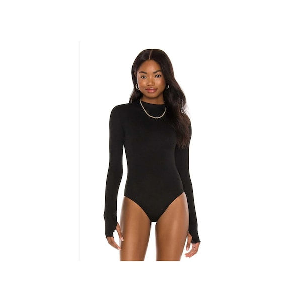 High Neck Thumbholes Bodysuit, Long Sleeve Bodysuit in Black, Turtleneck Bodysuit, Double Layer Silk Jersey Bodysuit