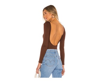 Long Sleeve Backless Bodysuit in Brown, Double Layer Silk Jersey Bodysuit