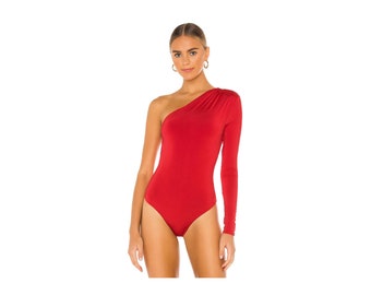 Red One Shoulder Bodysuit, Long Sleeve Bodysuit in Red, Black, White, Brown, Asymmetrical Cut Bodysuit, Single Arm Bodysuit