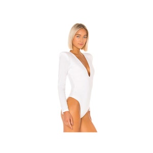 Long Sleeve Bodysuit in White, Black, White, Red, Deep V-Neck Bodysuit, With Shoulder Pad Bodysuit, Double Layer Silk Jersey Bodysuit image 3