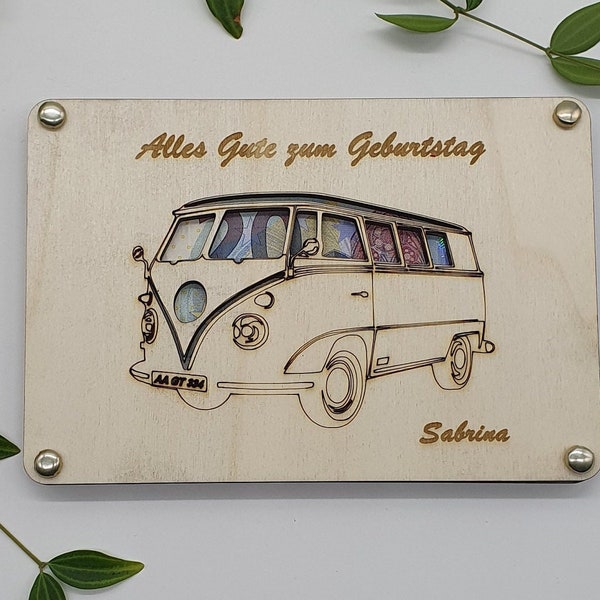 Geldgeschenk mit einem Bus als Motiv | Geldscheinehalter aus Holz | VW Bus, Bulli, zum verschenken | Geschenkidee