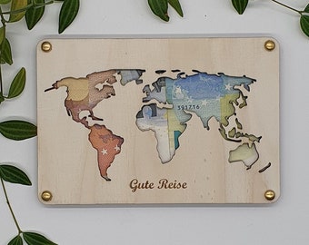 Carte du monde | personnalisable | Mariage de cadeau d'argent | cadeau d'anniversaire | Emballage d'argent | idée cadeau | Carte en bois, à offrir