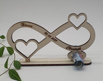 Geldgeschenk zur Hochzeit | Unendlichkeitszeichen personalisierbar mit Name des Brautpaares + Datum| aus Holz | Scheinehalter