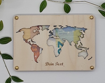 Carte du monde | Cadeau d'argent de mariage | personnalisable | Cadeau d'anniversaire | Emballage d'argent | Carte | Carte en bois, à offrir en cadeau