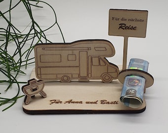 Geldcadeau camper met plaatsnaambord en grill, camping, voucher, camping, kampeerliefhebber, om samen te stellen