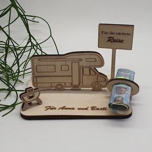 Money gift motorhome with place name sign and grill, camping, voucher, camping, camping lover, to put together