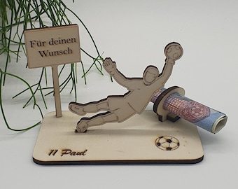 Geschenk für Fussballer | Geburtstagsgeschenk aus Holz, Geldgeschenk personalisierbar für Fussballliebhaber