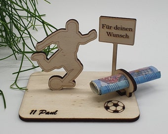 Cadeau voor voetballers, voetbalclub cadeau, verjaardagscadeau, gemaakt van hout, geldcadeau gepersonaliseerd voor voetballiefhebbers