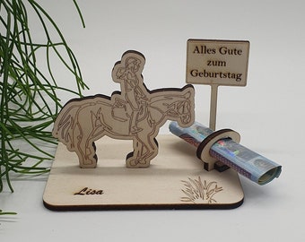 Geldgeschenk Pferd mit Schild, zum verschenken, Geburtstage, Reiter / Reiterin, Pferdeliebhaber, personalisierbar, Reiten