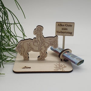 Geldgeschenk Pferd mit Schild, zum verschenken, Geburtstage, Reiter / Reiterin, Pferdeliebhaber, personalisierbar, Reiten