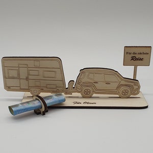 Geldgeschenk Wohnwagen mit Auto | Reise, Geld verschenken, Camping, Kleiner Zuschuss | mit Personalisierung | Campingliebhaber