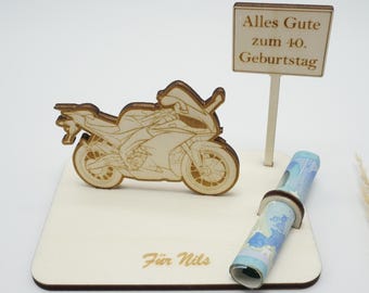 Cadeau personnalisé en argent pour moto | Idée cadeau pour motards et motards avec plaque de ville et gravure | Cadeau en argent en bois