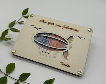 Zeppelin Geschenkidee aus Holz personalisiert | zum verschenken | Gutschein für eine Zeppelin fahrt | Geburtstagsgeschenk