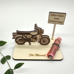 Geldgeschenk Moped 50cc – personalisierbar mit Ortsschild & Text, Geschenk zum Geburtstag | S51 Ostfahrzeug