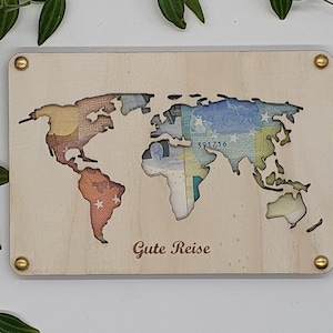 Personalisierbares Geldgeschenk Weltkarte aus Holz | Urlaubskasse Hochzeit Reise Geburtstagsgeschenk | Geschenkidee zur Reise