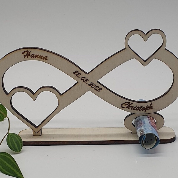 Money gift for the wedding | Infinity sign personalized with the bride and groom's name + date| made of wood | bill holder