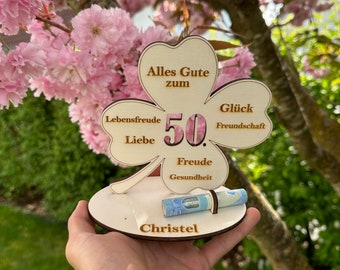 Kleeblatt Geldgeschenk aus Holz | personalisiert | zum verschenken von Geld | Personalisierbar