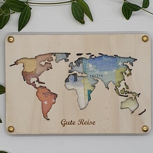Weltkarte | Geldgeschenk Hochzeit | personalisierbar | Geburtstagsgeschenk | Geldverpackung | Landkarte | Holzkarte, zum Verschenken
