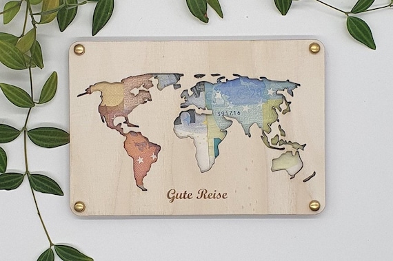Personalisierte Weltkarte aus Holz – Geldgeschenk „Gute Reise“ – Holzkarte zum Verschenken für Weltenbummler & Reisende – Geschenkidee Reise