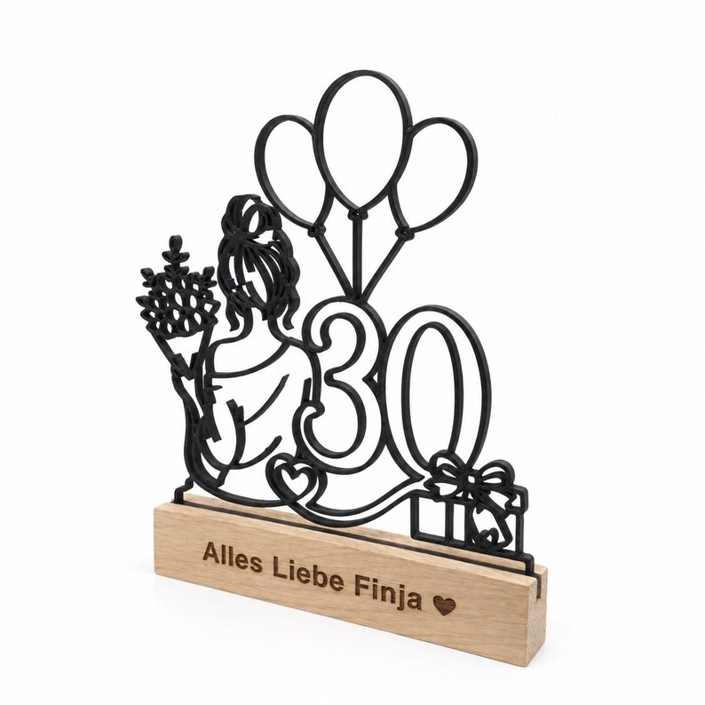 Line-Art-Aufsteller zum Geburtstag mit Frau, Blumen, Ballons und Zahl 30, Sockel mit Gravur „Alles Liebe Finja“.