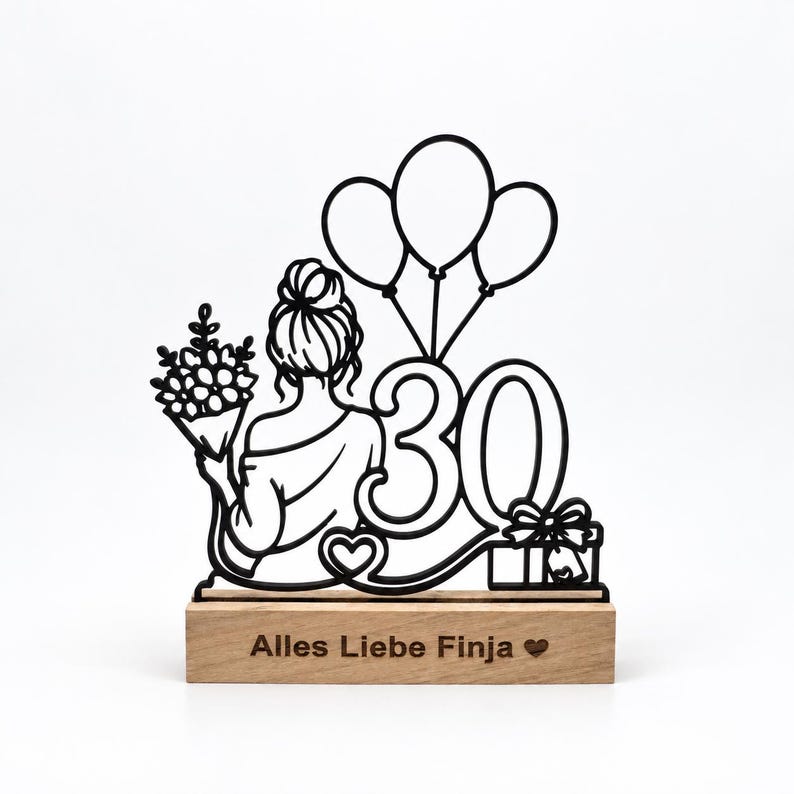Line-Art-Deko zum 30. Geburtstag mit graviertem Holzsockel „Alles Liebe Finja ♥“ auf weißem Hintergrund.