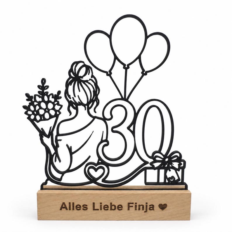 Schwarzer Line-Art-Aufsteller zum 30. Geburtstag: Frau mit Blumenstrauß, drei Ballons und Geschenk auf Holzsockel „Alles Liebe Finja ♥“, Vorderansicht.