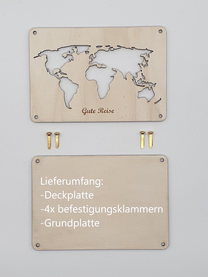 Holzkarte Gute Reise mit vier Messing-Klammern – Geschenk für Reisend